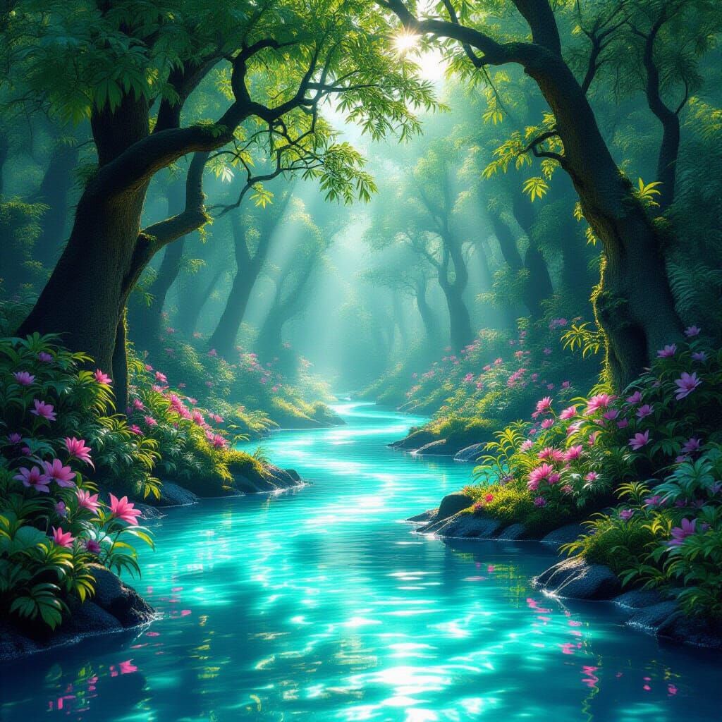 Lush Forest of Shimmering Liquid Nature