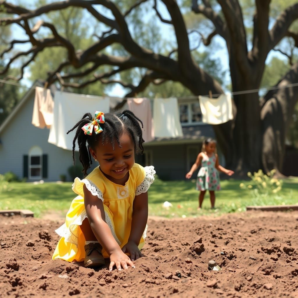 Girl Making Mud Pies in Sunny Backyard