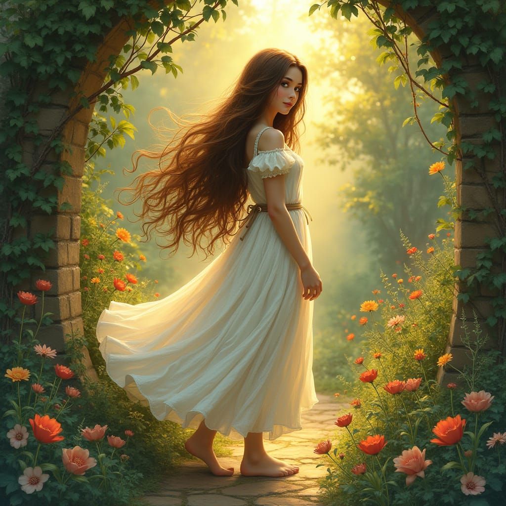 Enchanting Witch in Sunlit Cottage Garden