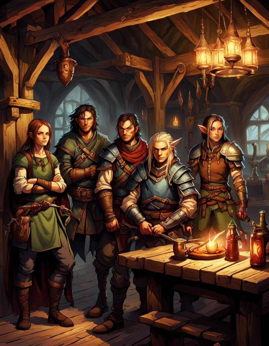 Fantasy Adventurers Gather in Medieval Tavern
