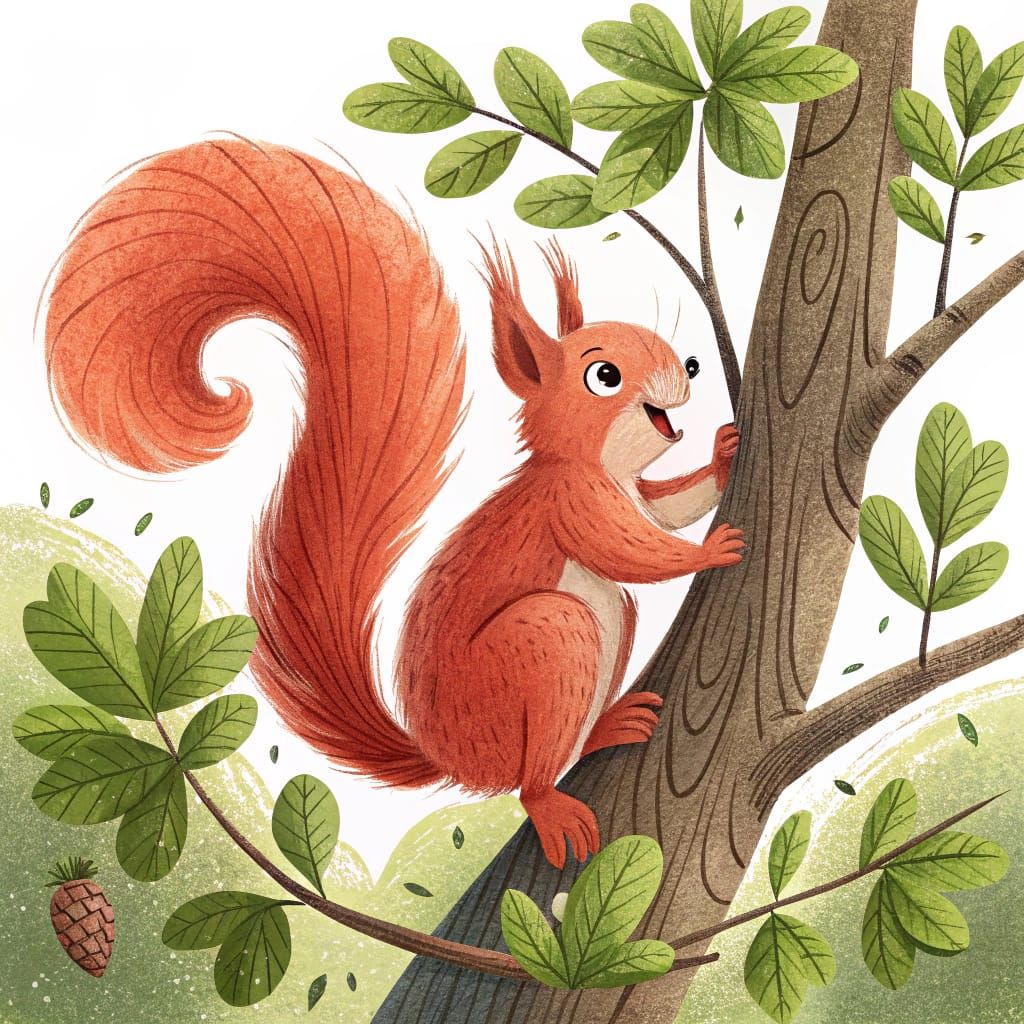 Vibrant Red Squirrel Plays in a Tree Landscape