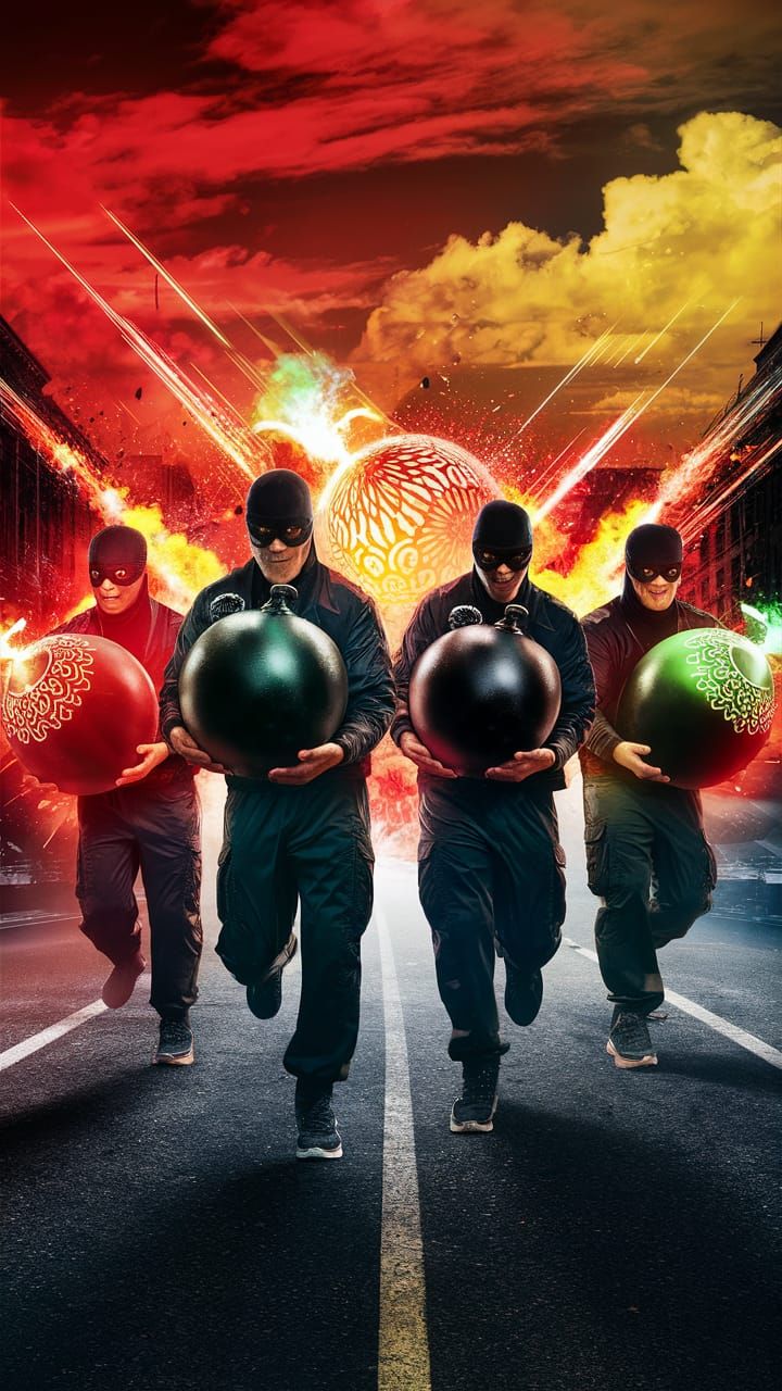 Explosive Scene with Masked Bombers in Urban Setting