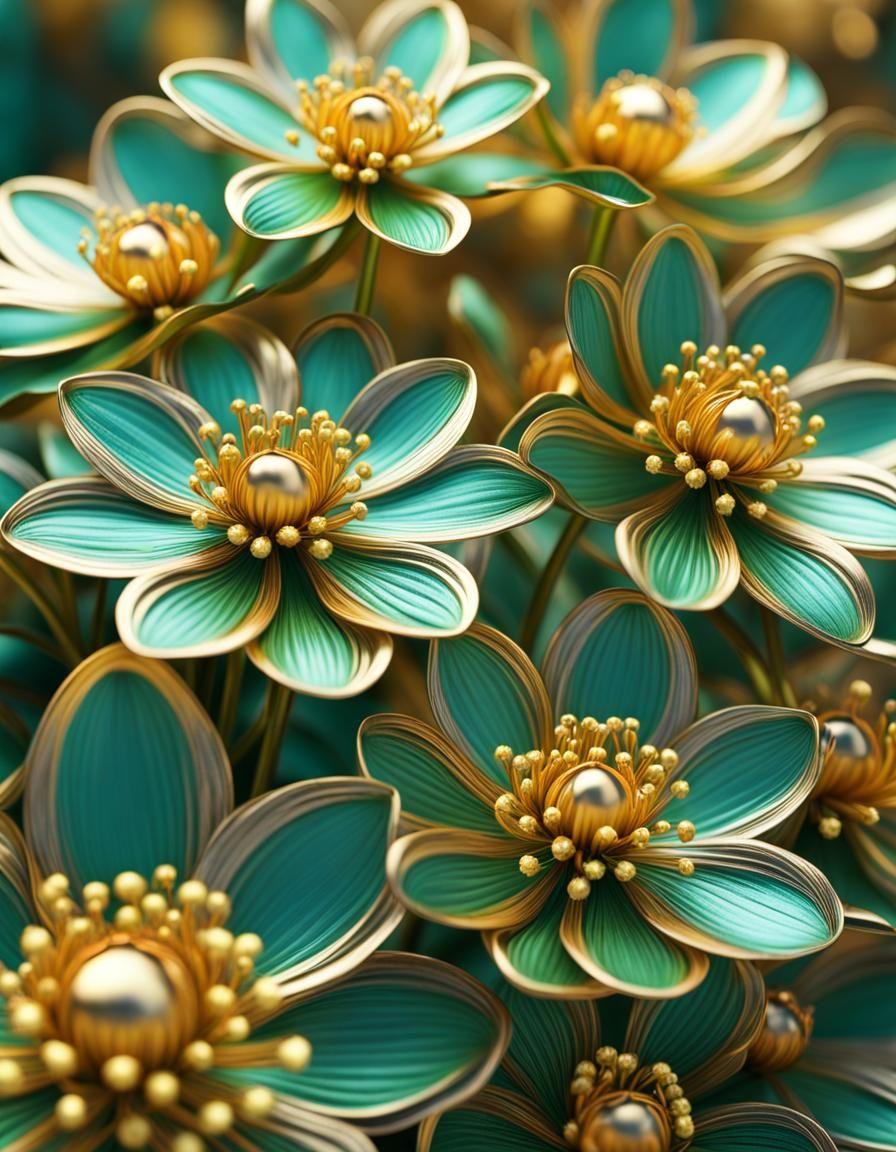 Golden Flowers with Platinum Details in Macro View