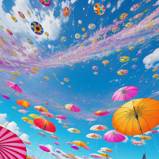 Whimsical Digital Art: Thousand Colorful Umbrellas in Mid-Ai...