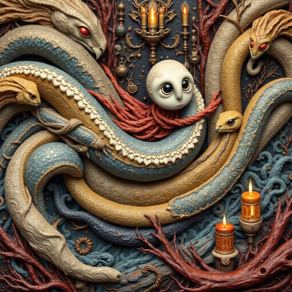 Claymation Snow Owl in Snakeskin Robe, Gothic Hall of Mirror...