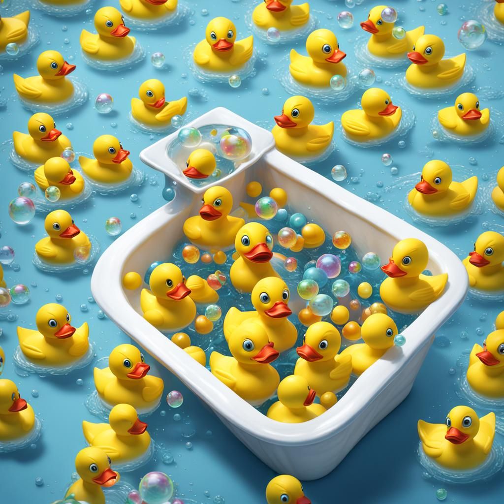 Rubber Ducks in White Tub, Detailed Digital Painting
