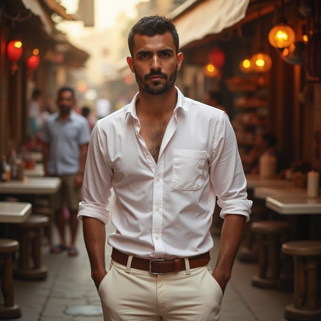 Egyptian Man in Outdoor Bar: Photorealistic Digital Art