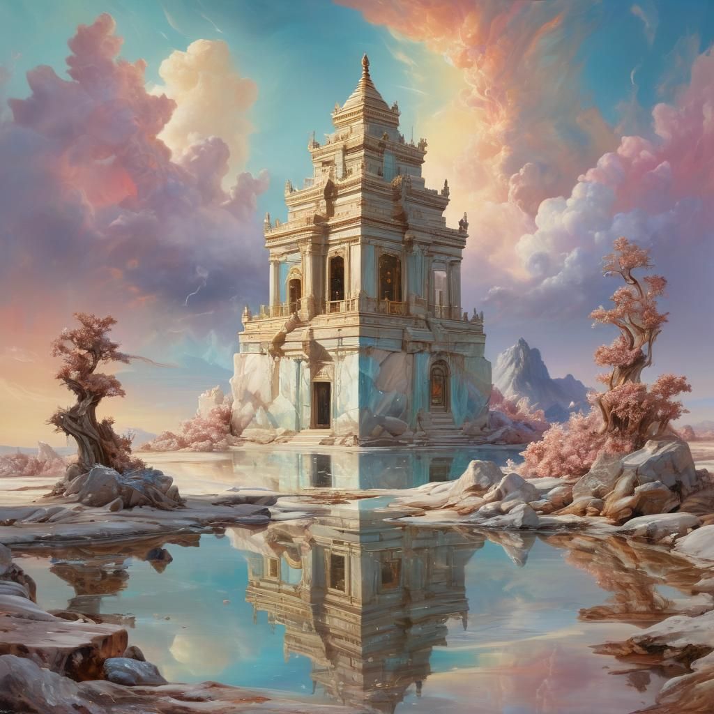 Mystic Temple in Shimmering Crystal Landscape: Surreal Oil P...