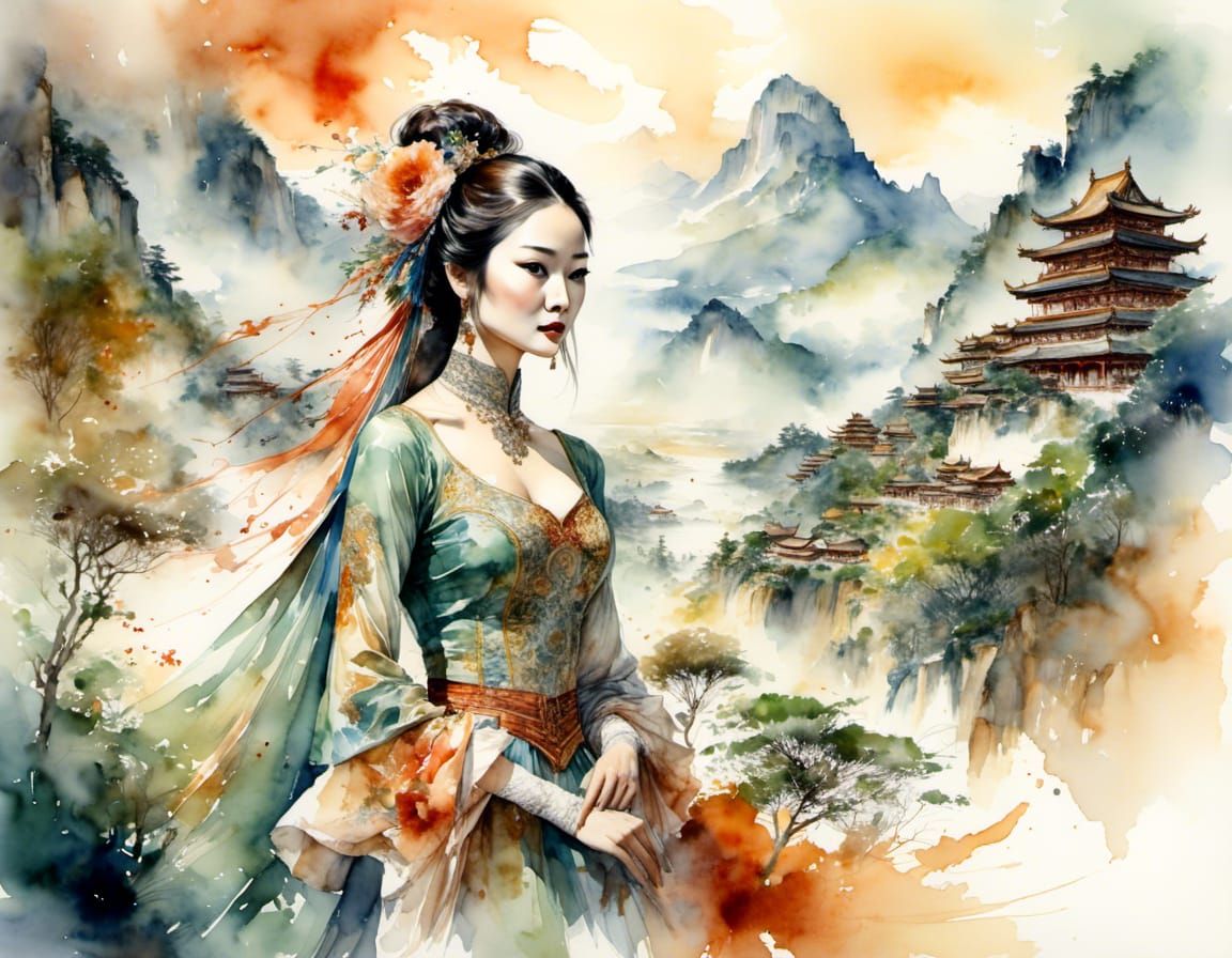 Vietnamese Phoenix Portrait in Watercolor Style