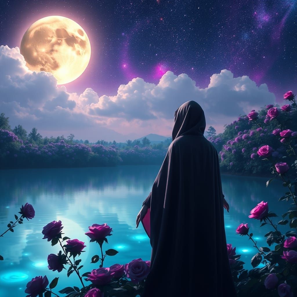 Ethereal Woman in Galactic Rose Garden