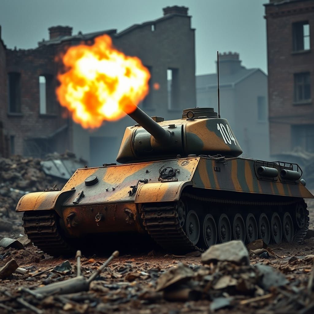 Tiger II Tank Firing in War Zone