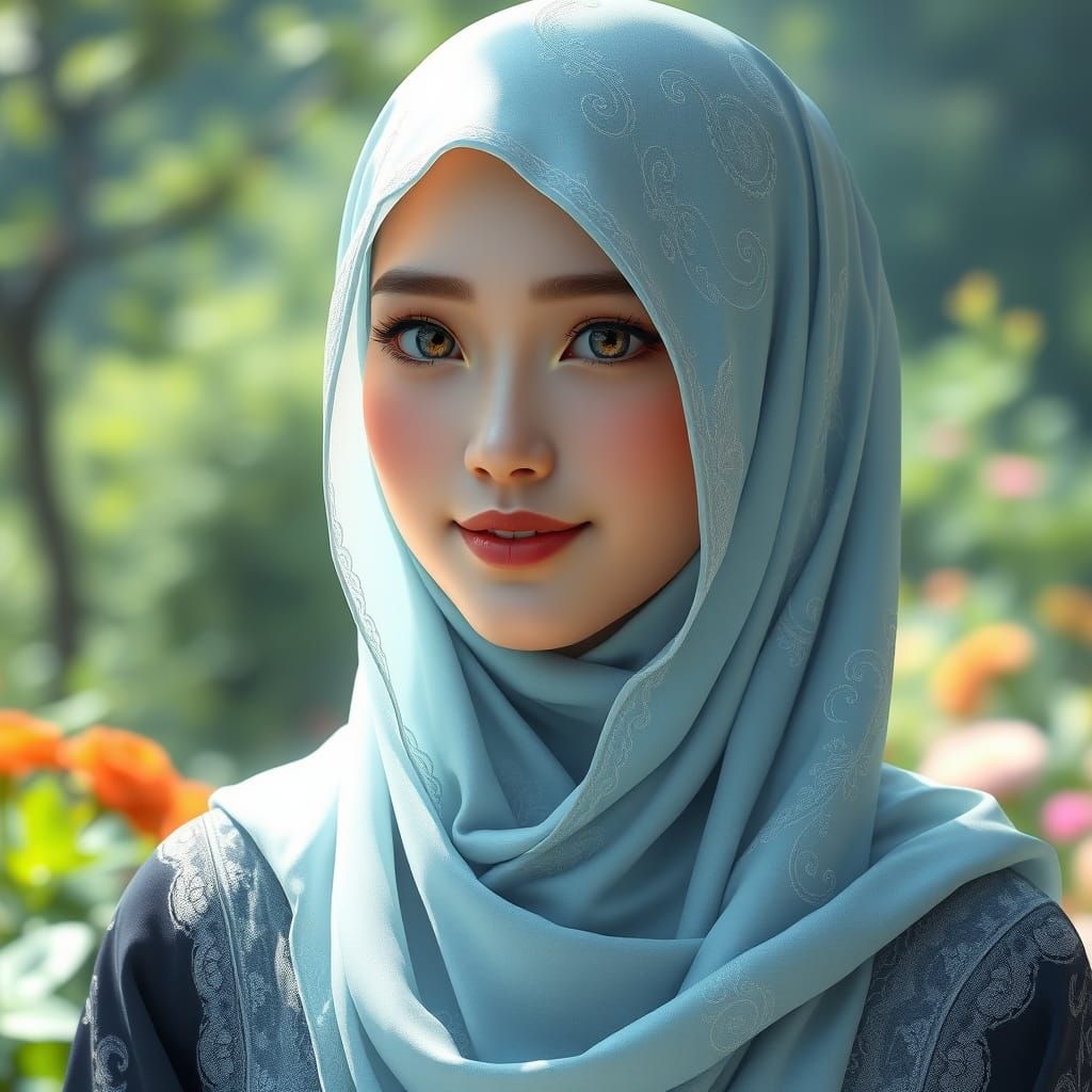 Elegant Woman in Pastel Blue Hijab, Softly Lit Garden