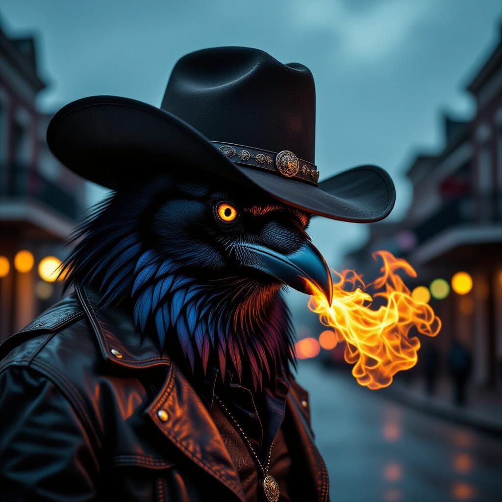 Majestic Fire-Breathing Raven in Cowboy Hat