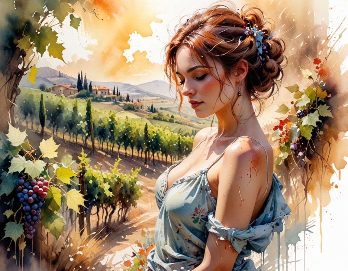 Sunlit Tuscan Vineyard in Watercolor Style