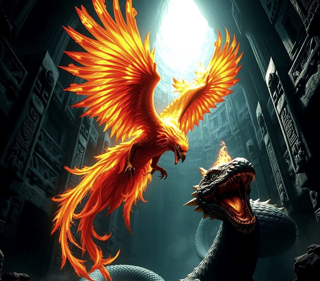 Epic Flaming Phoenix Battles Giant Serpent in Dark Undergrou...