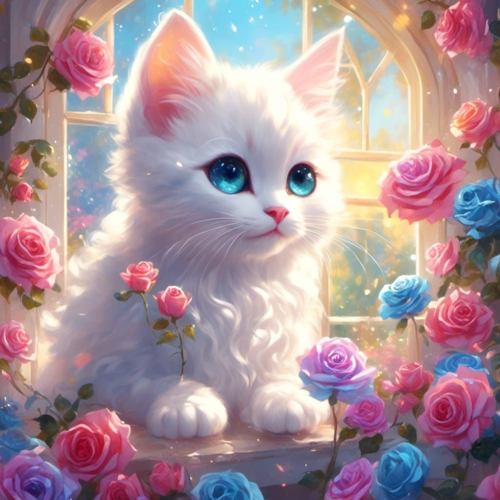 Sparkly Blue-Eyed Kitten in Rainbow Rose Sunlight
