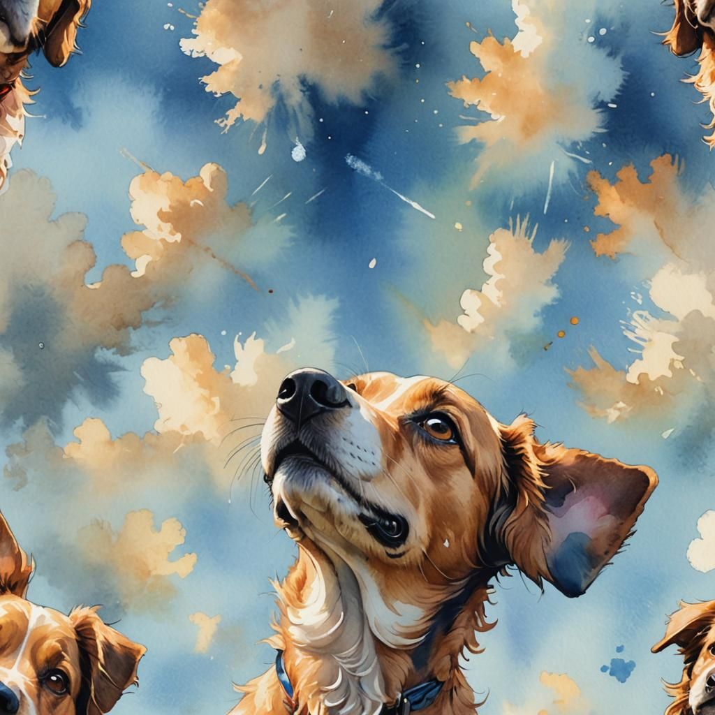 Dog Gazing Skyward in Vibrant Watercolor Style