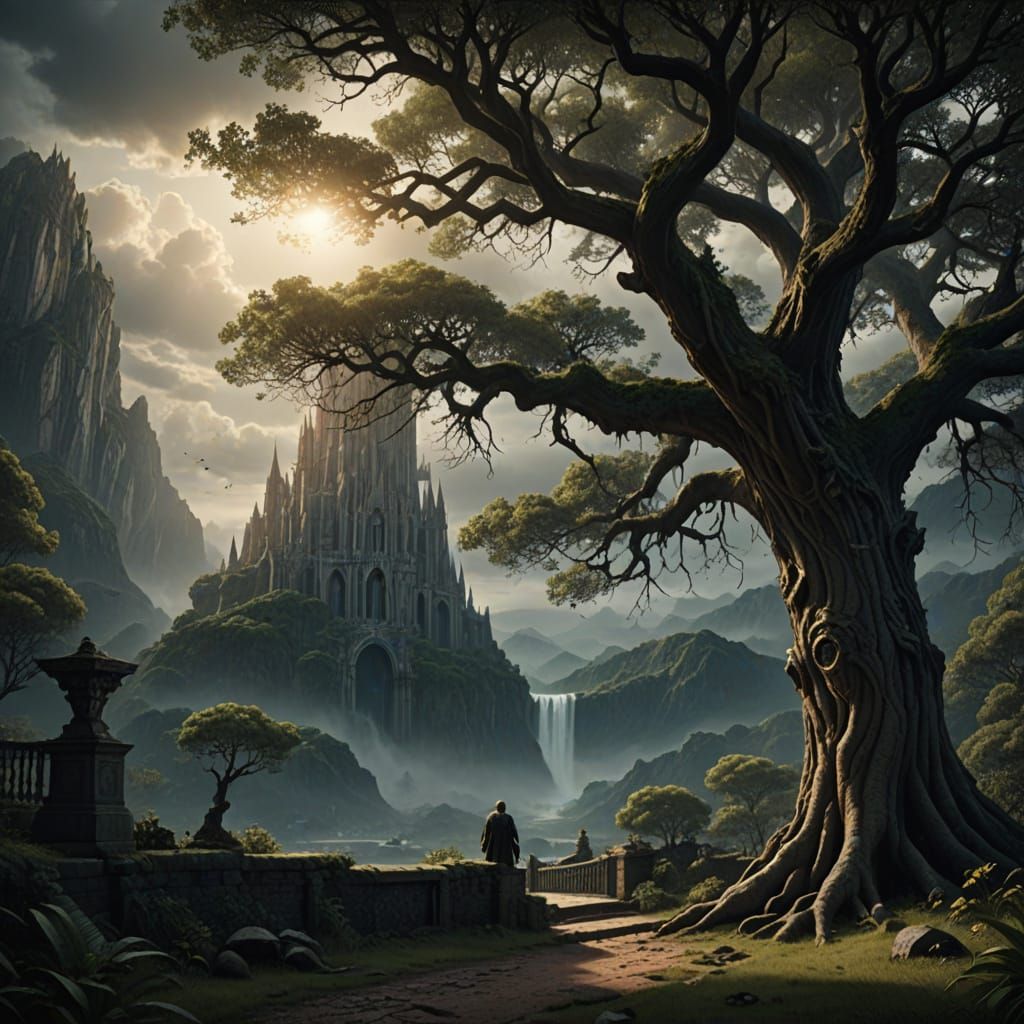 Epic Digital Painting of Angel and Prohibited Tree in Eden
