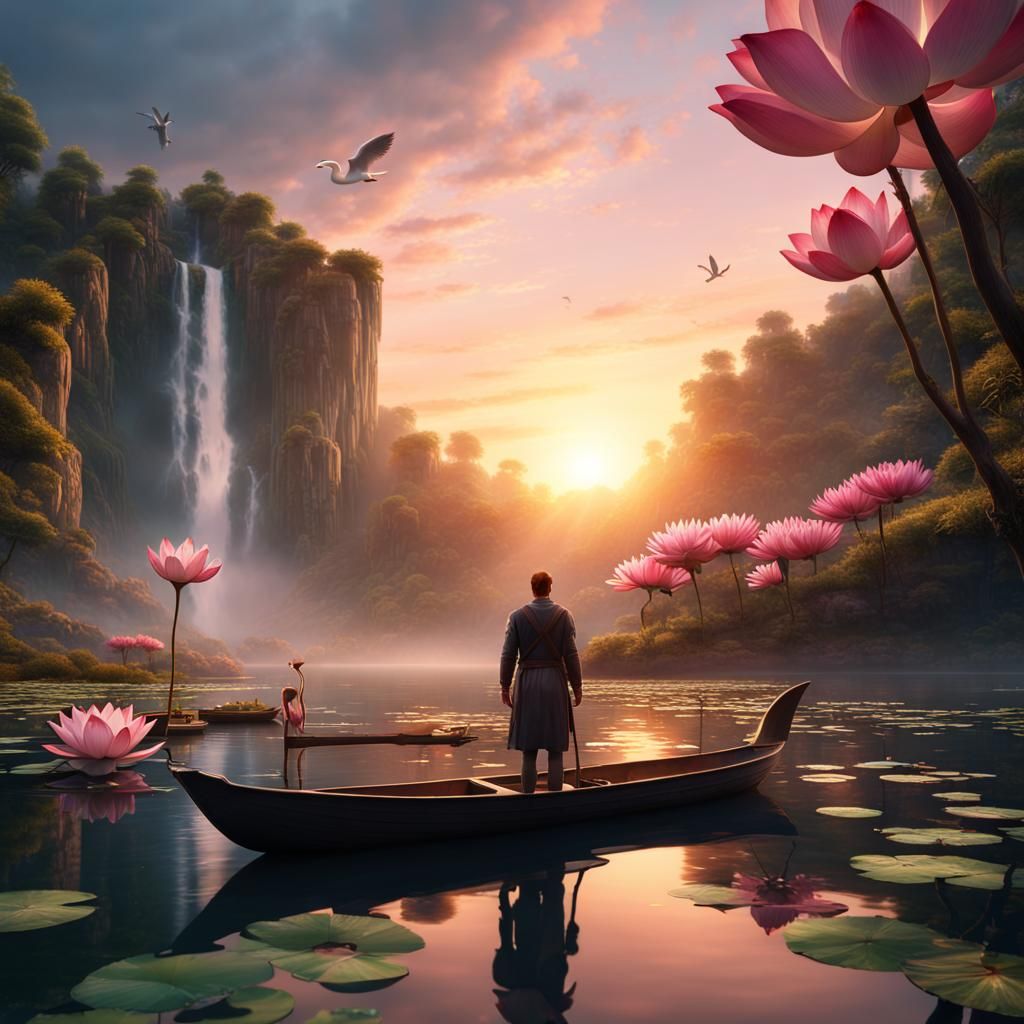 Surreal Sunrise by Waterfall: Detailed Matte Painting