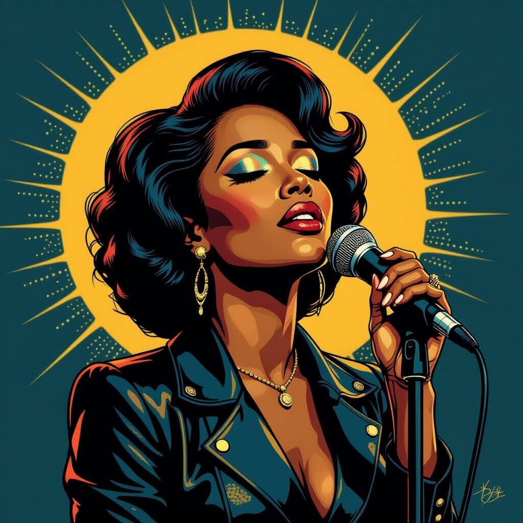 Soulful Woman Singing Blues in Retro Illustration Style