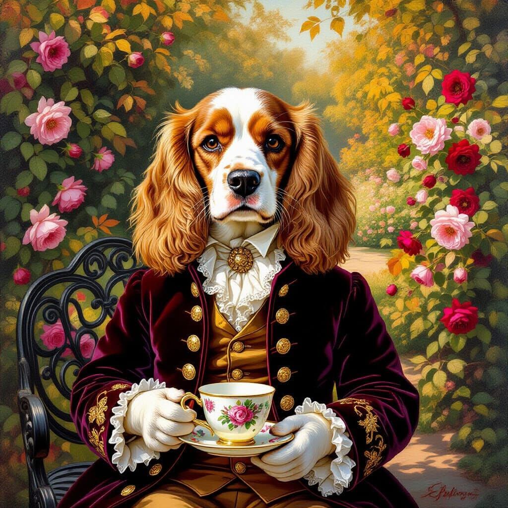 Spaniel in Victorian Garden as Renaissance Painting