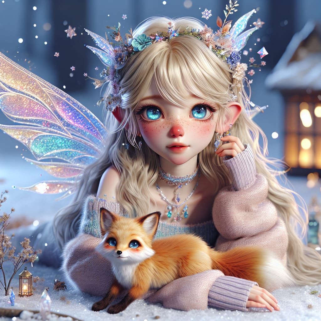 Middle Eastern Fairy Girl with Fox in Sparkling Snow