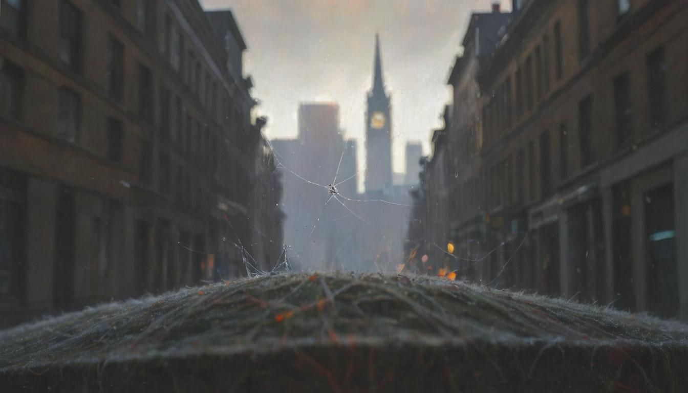 Spiderweb of colourful fuzzy wool