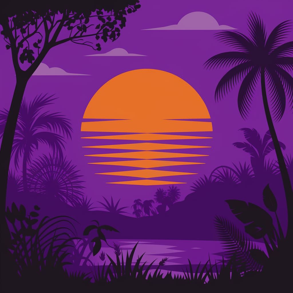 Surreal Sunset in a Purple Jungle Landscape