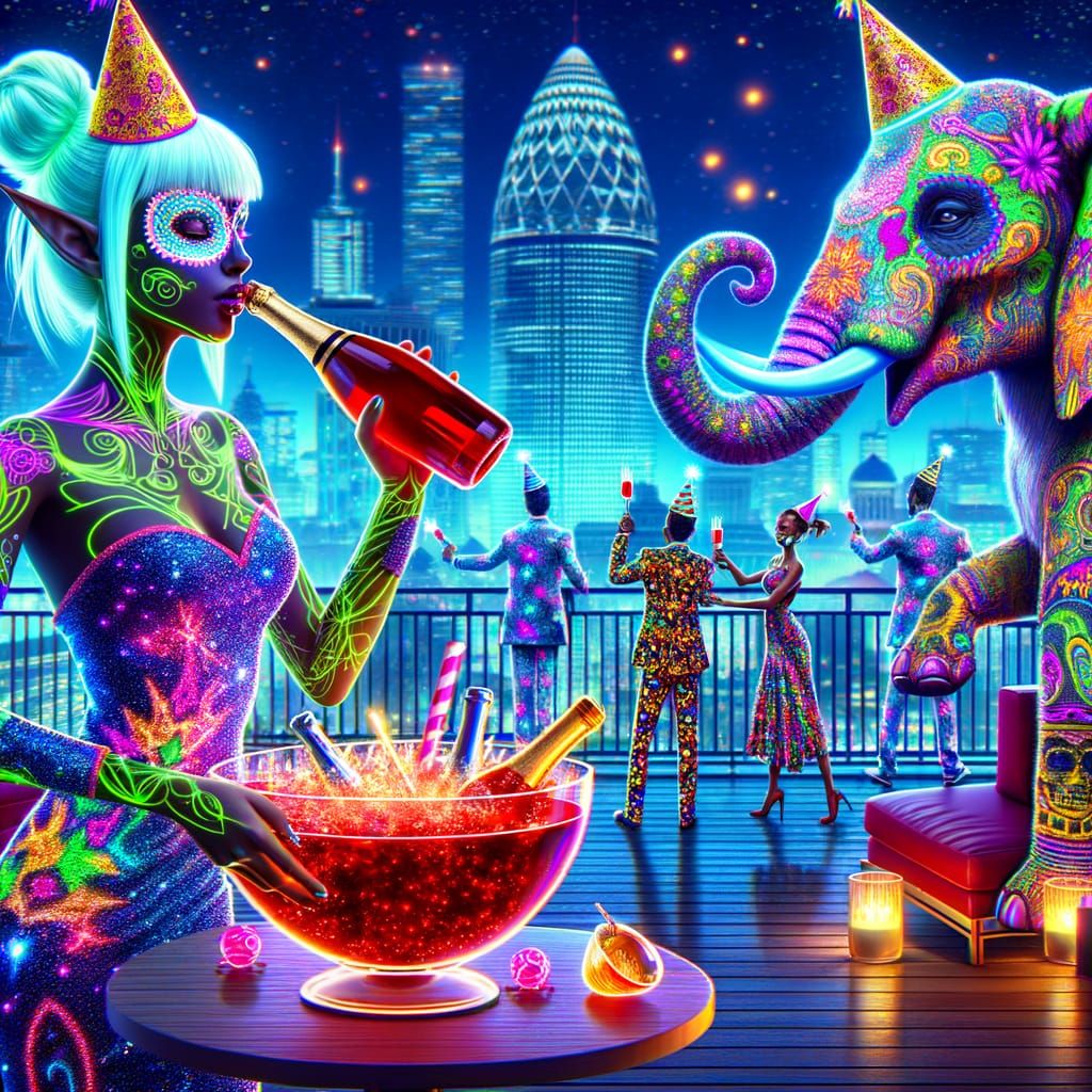 Luminous Party Scene in Neon Fractal Style