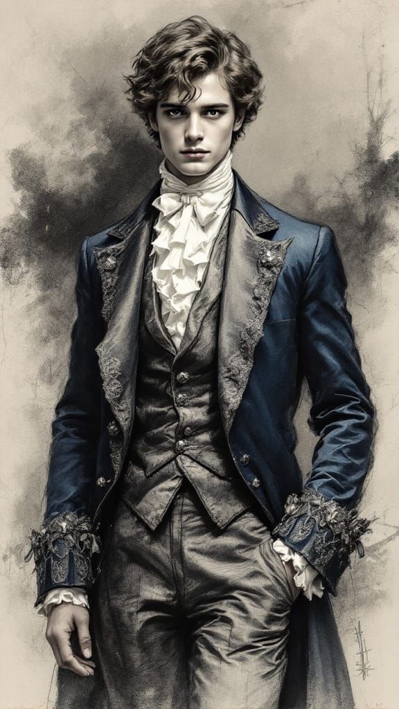 Elegant Nobleman in Pastoral Landscape, Charcoal Sketch