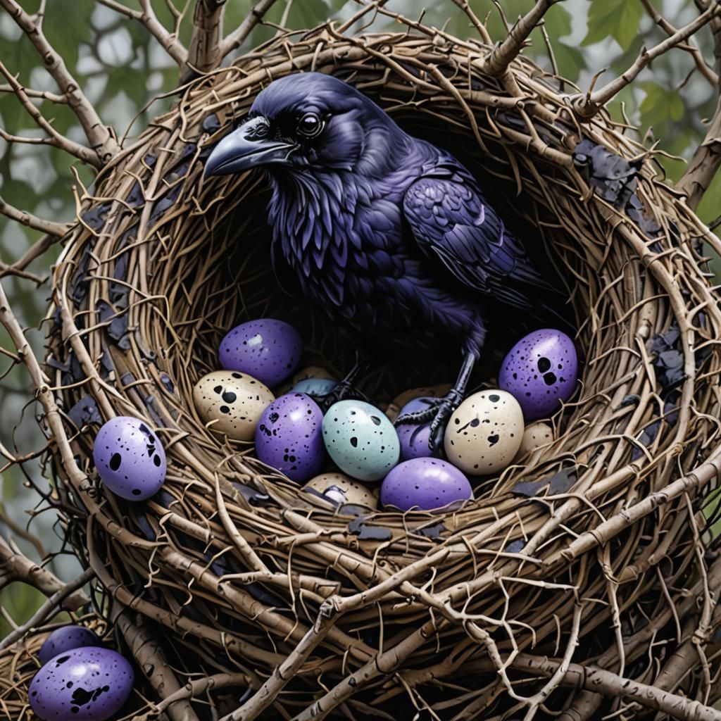 Purple Cartoon Raven Nesting: A Realistic Rendering