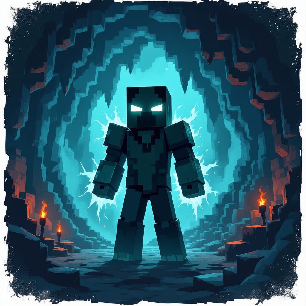 Herobrine Boss in Dark Fantasy Cave Concept Art