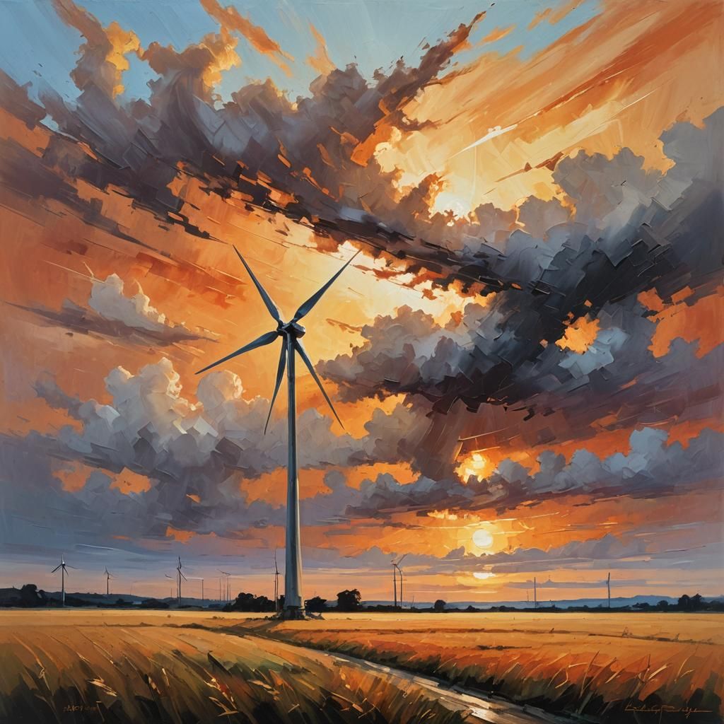 Wind Turbine Sunset: Impressionist Oil Painting