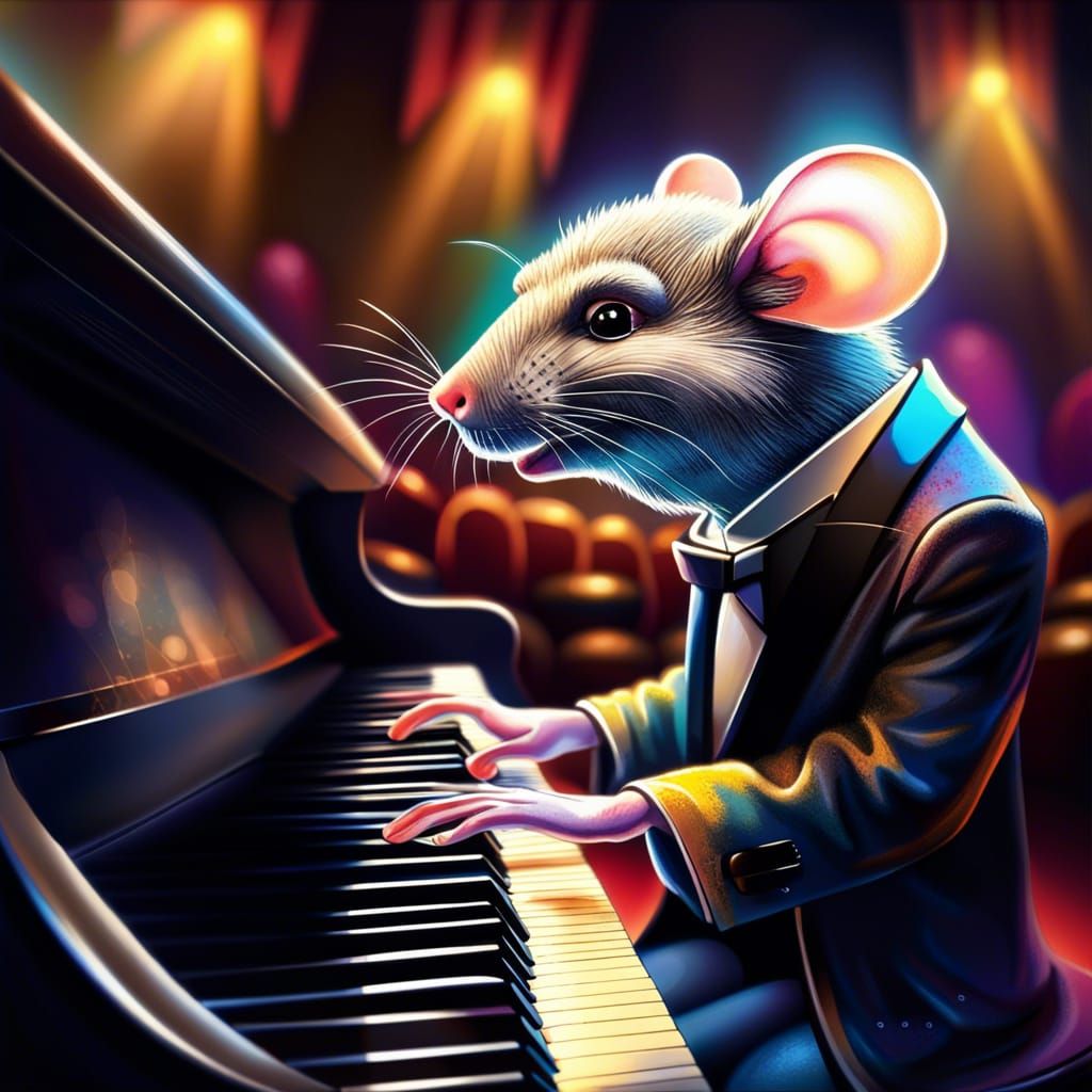 Mouse Pianist on Stage: Hyperrealistic Splash Art