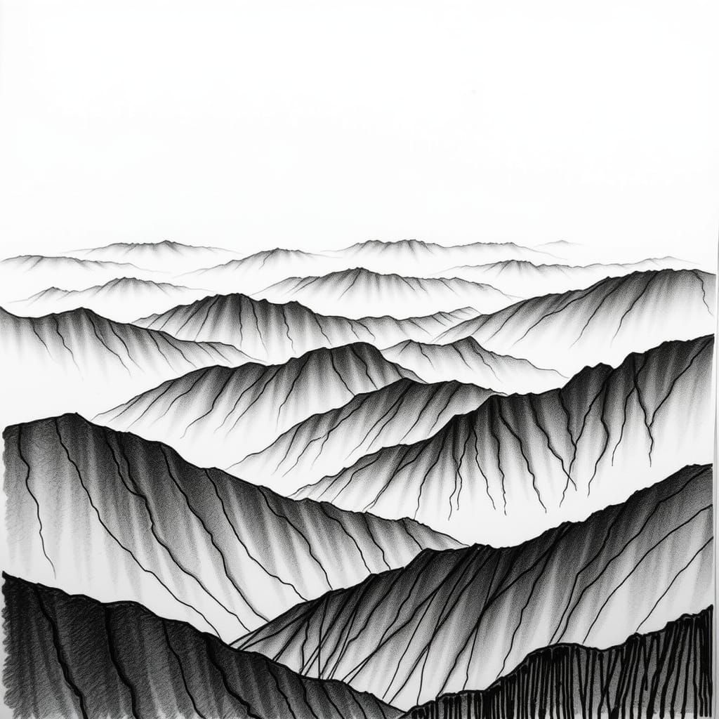 Hand-Drawn Ink Sketch of Mountain Range