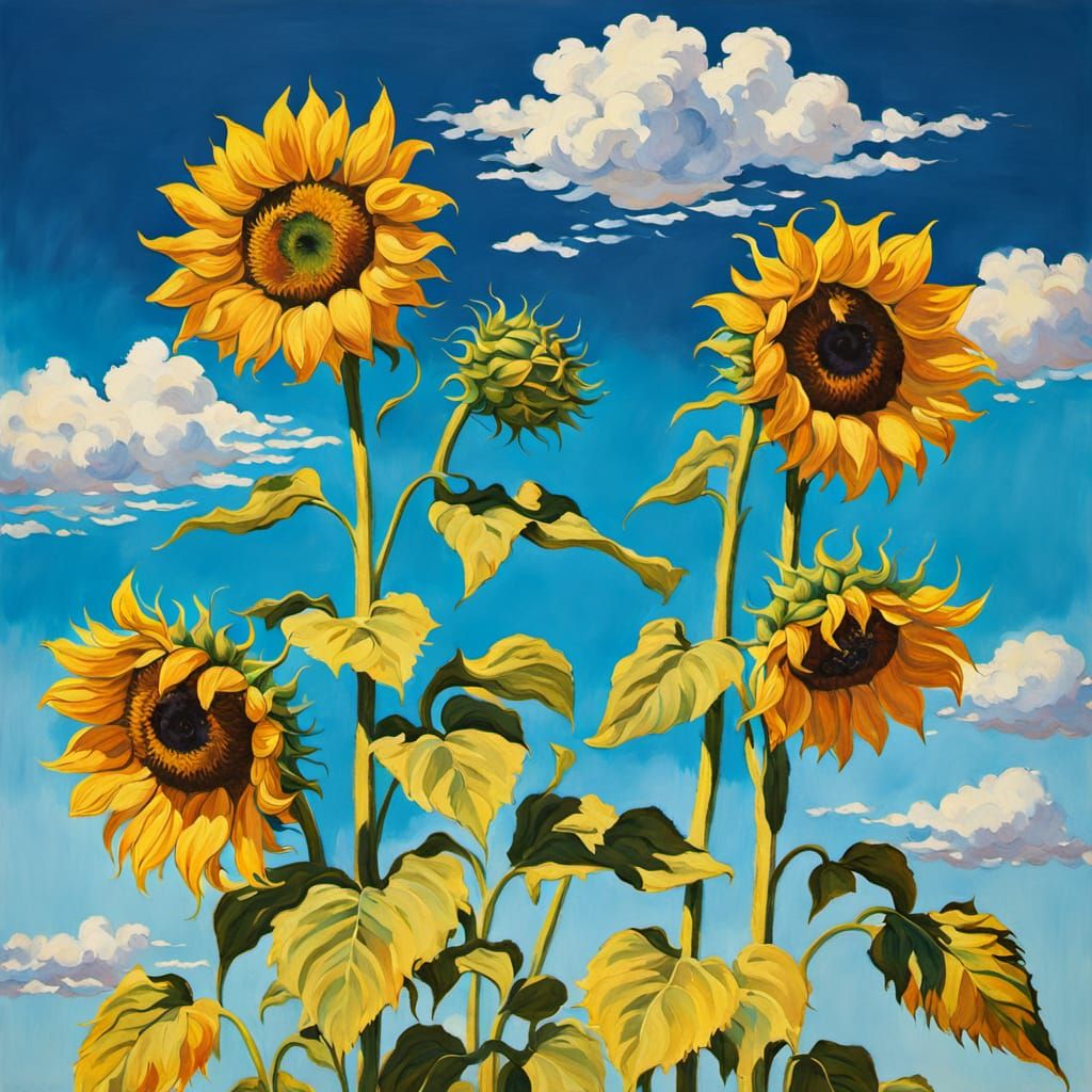 Sunflowers in Impressionist Style with Botanical Details