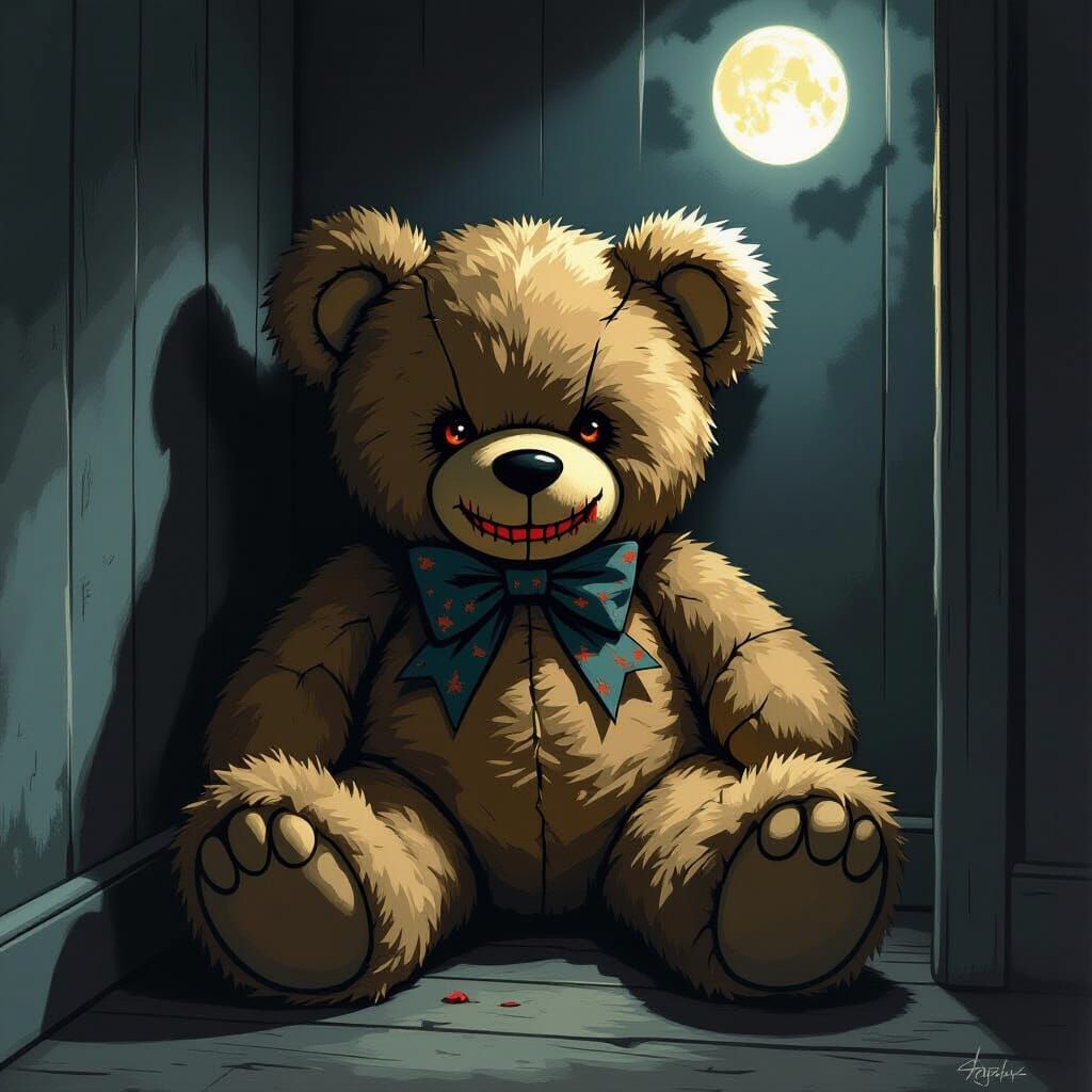 Menacing Teddy Bear in Shadowy Room, Junji Ito Style