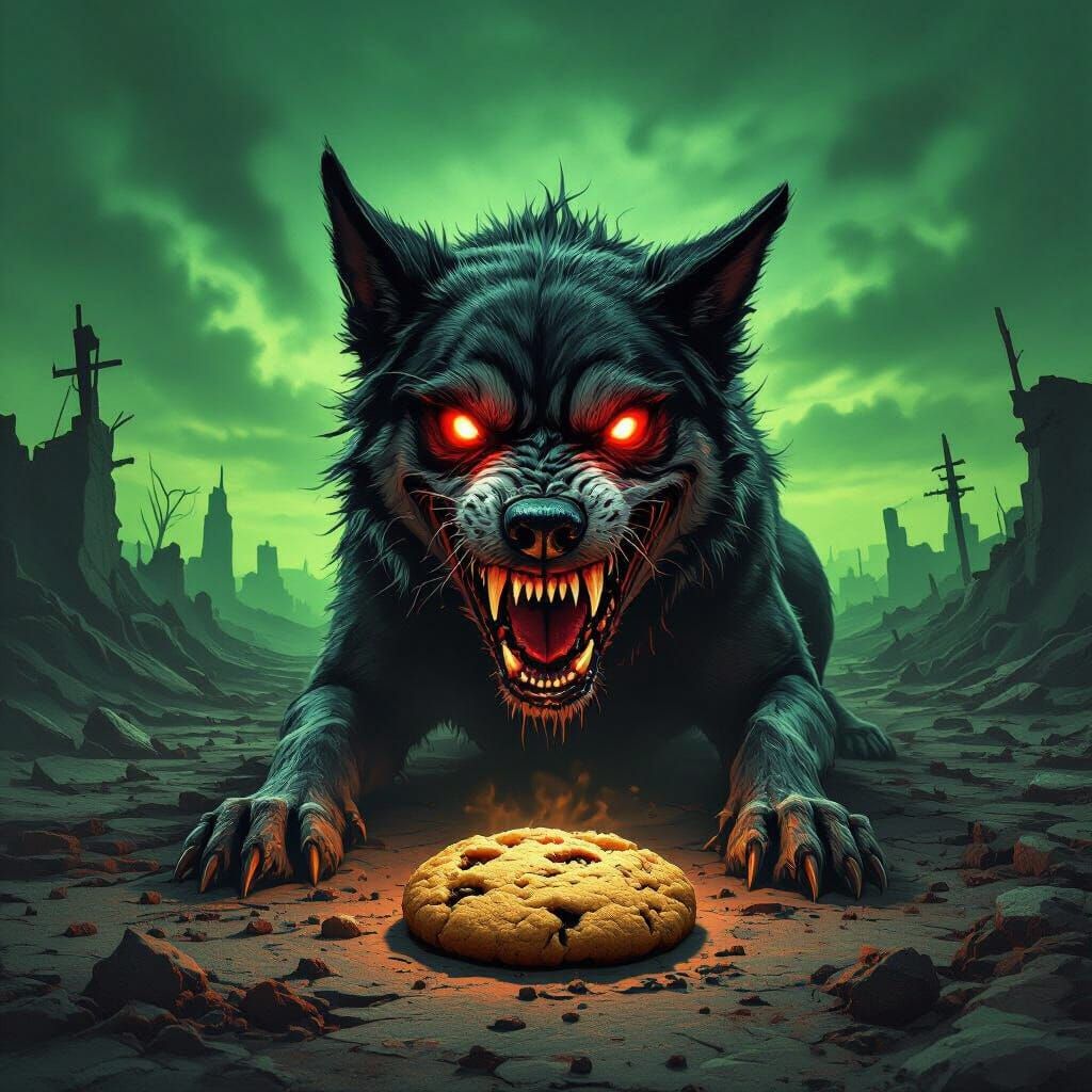 Rabid Dog Guards Glowing Cookie in Dark Fantasy Landscape
