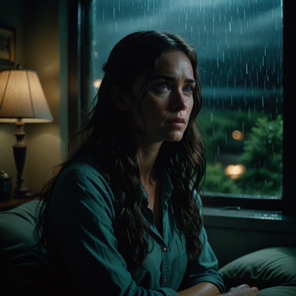 Melancholic Woman Watching Rain in Moonlight