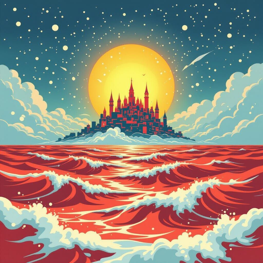 Floating Air City Above Red Sea Under Golden Sun