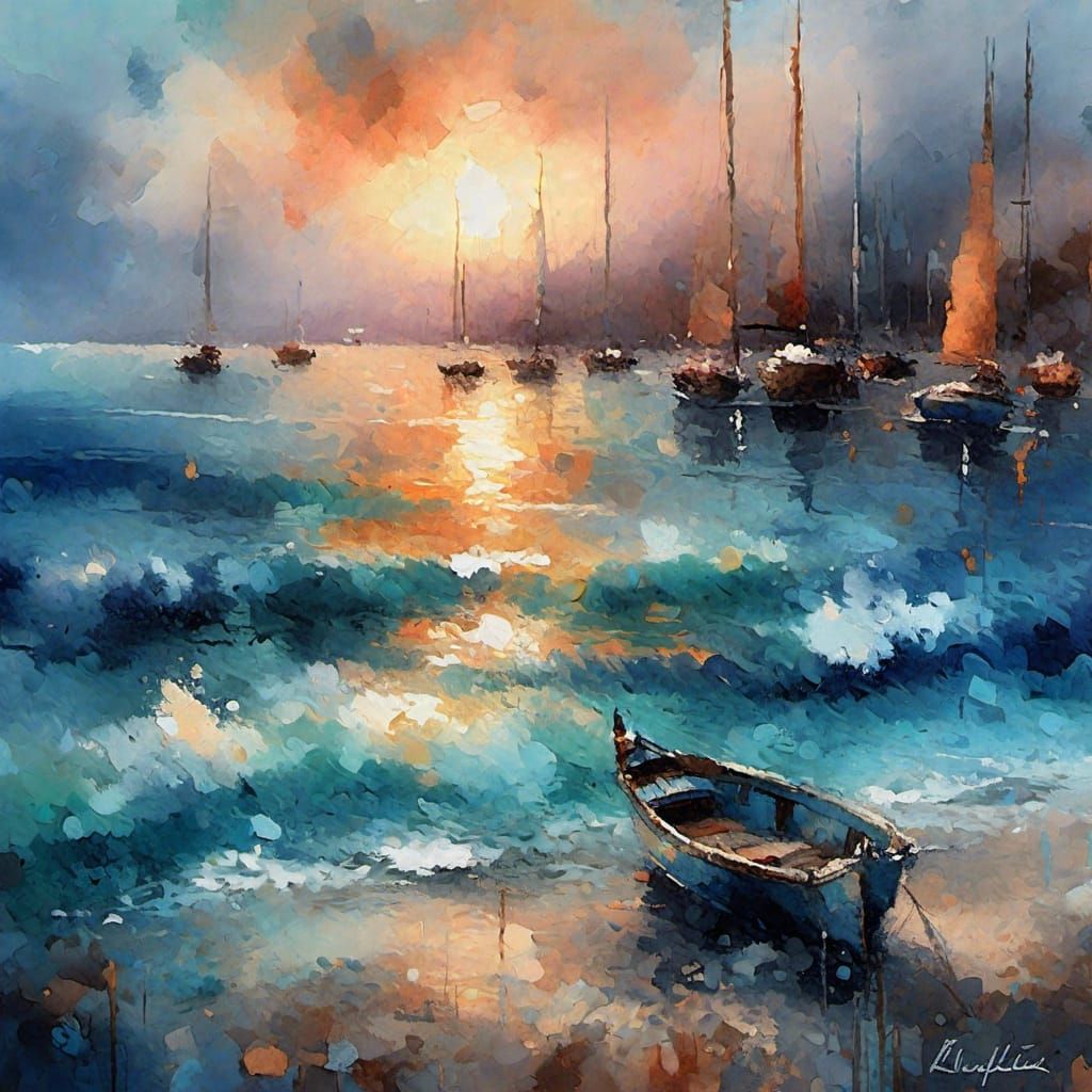 Lapis Beach Sunset in Ink Watercolor Style