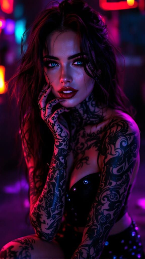 Tattooed Temptress in Neon Shadows: Magazine Cover Art