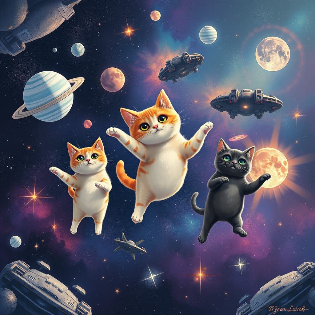 Whimsical Cosmic Felines in a Dreamlike Galaxy