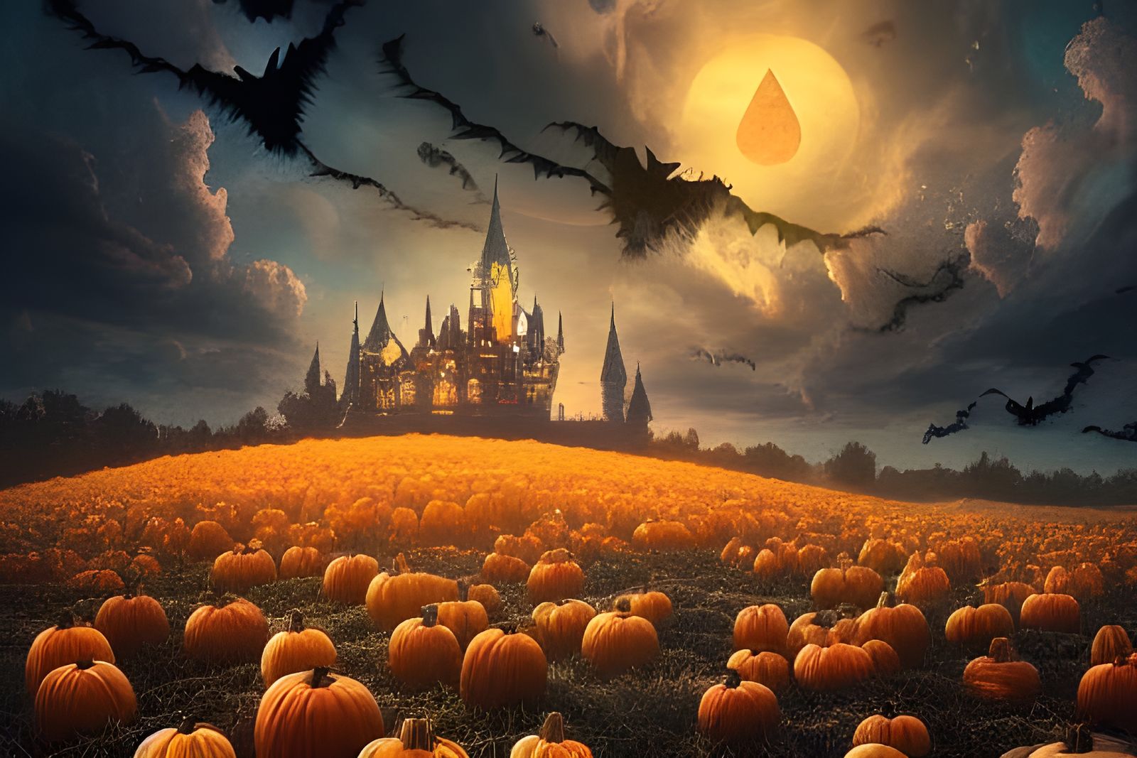 Spooky Pumpkin Field and Horror Castle Digital Art