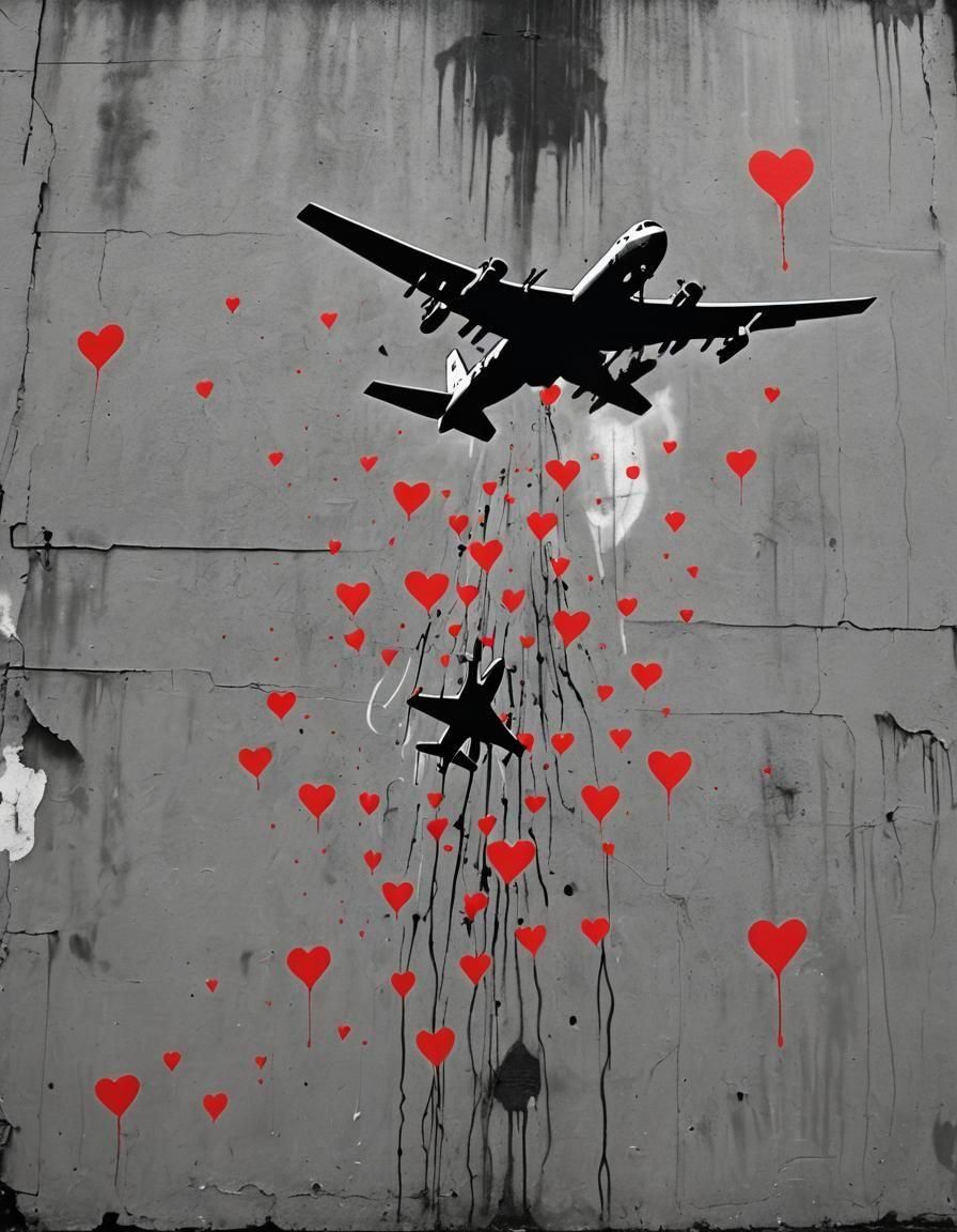 Banksy Graffiti: B-52 Bomber Dropping Hearts