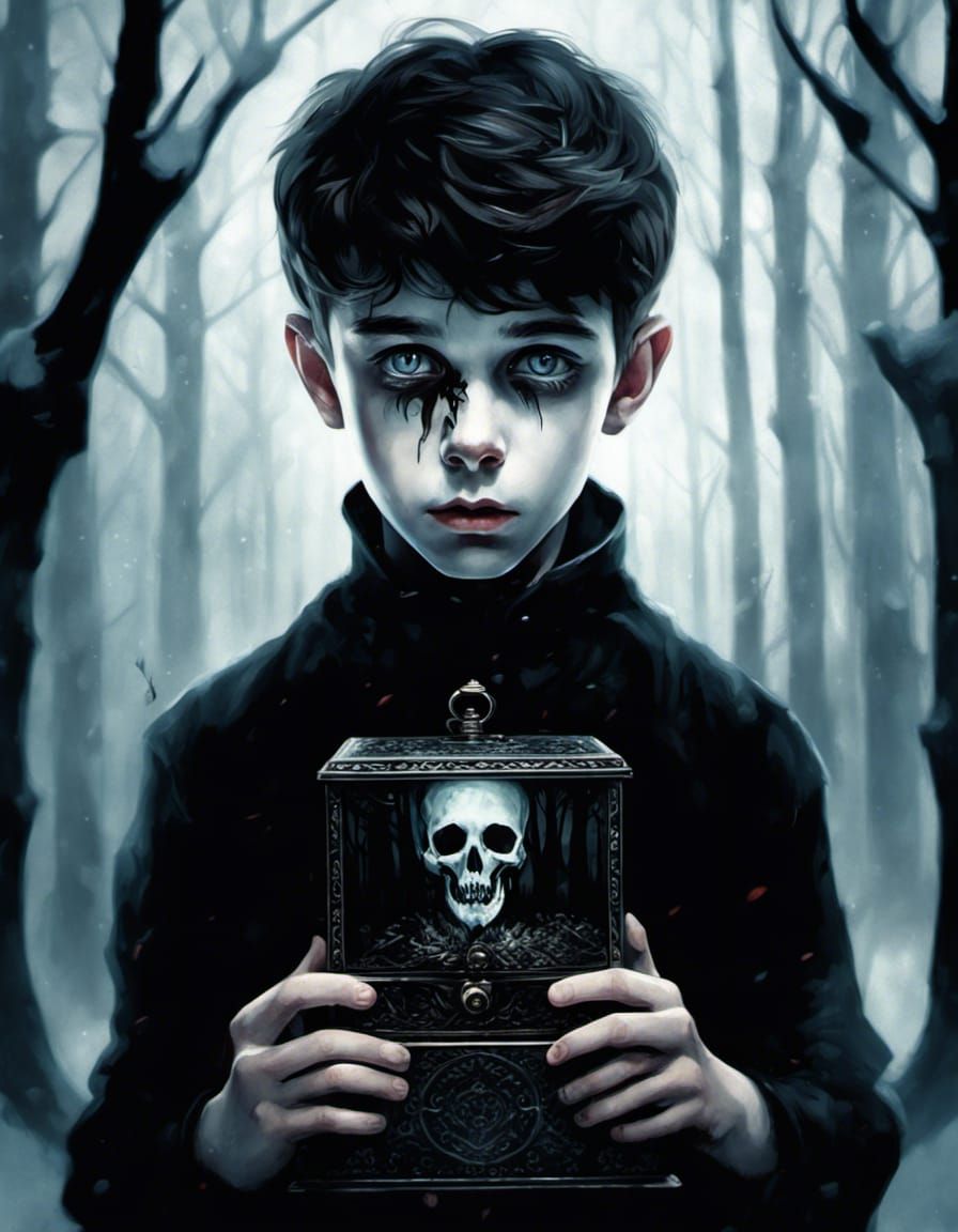 Pale Boy with Music Box in Snowy Forest