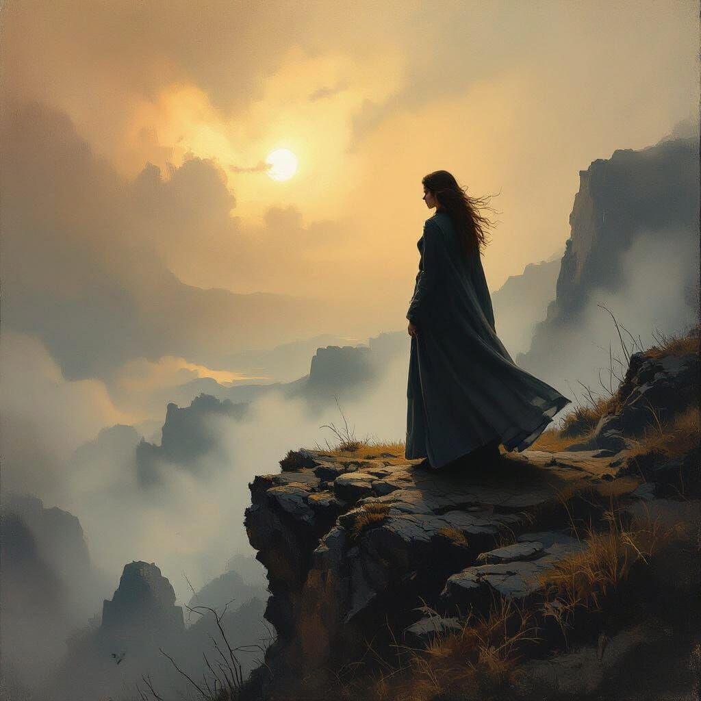 Woman on Misty Cliff in Moody Style