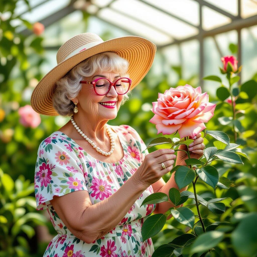 Elderly Woman Pruning Glowing Rose, Nostalgic Illustration