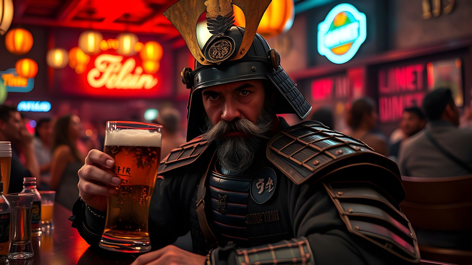 Samurai Drinking Beer in American Bar