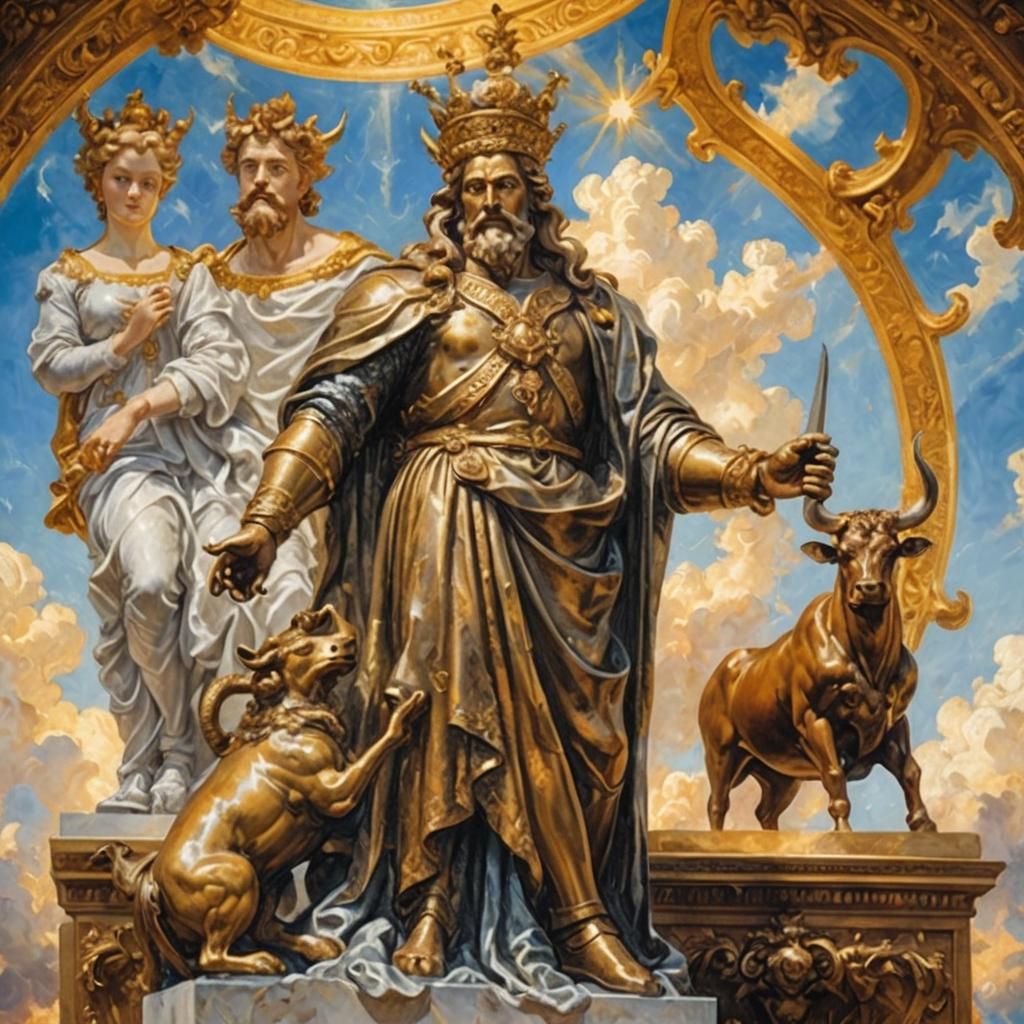Baroque Painting of Taurus Near Royalty Statues
